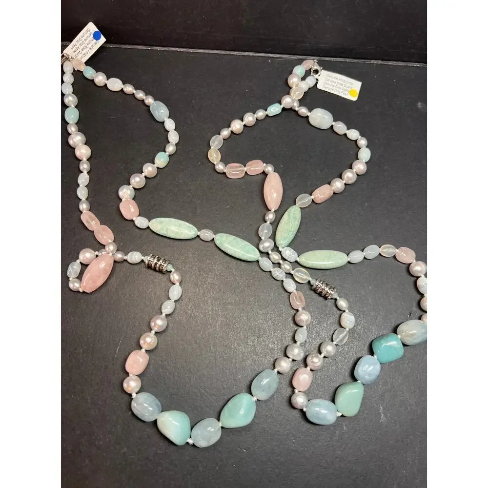 NEW dead stock amazonite , pearl multi stone sterling silver 30 inch necklace
